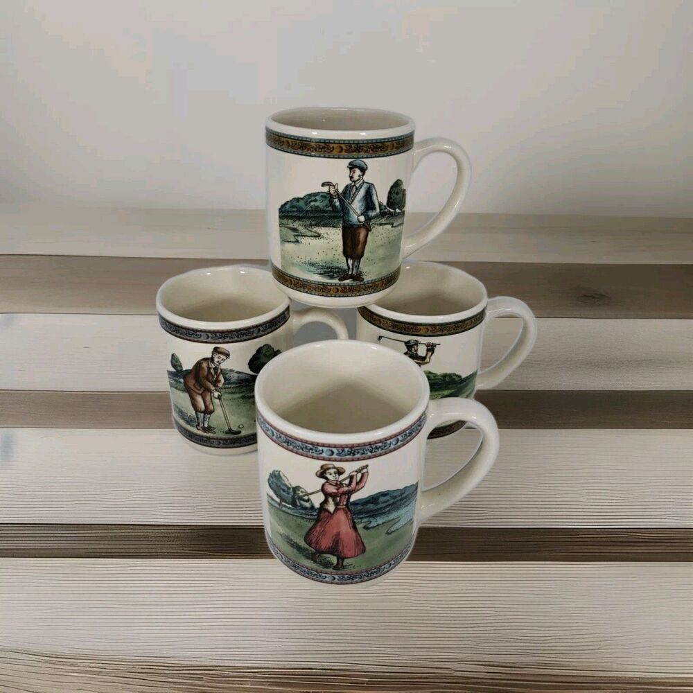 Vintage 1993 CBK Ltd Golf Mugs Set of 4 Victorian Style Golfers Taiwan *READ*